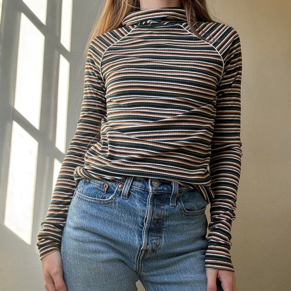 Camp Collection 1970s Style Stripe Ribbed Turtleneck XS Retro